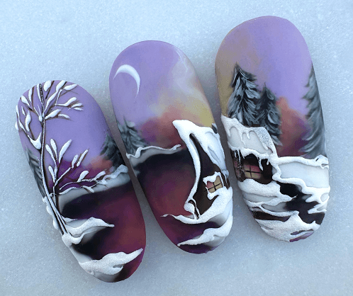 A téli táj finom részletei és a lágy színátmenetek varázslatos hangulatot teremtenek a körmökön