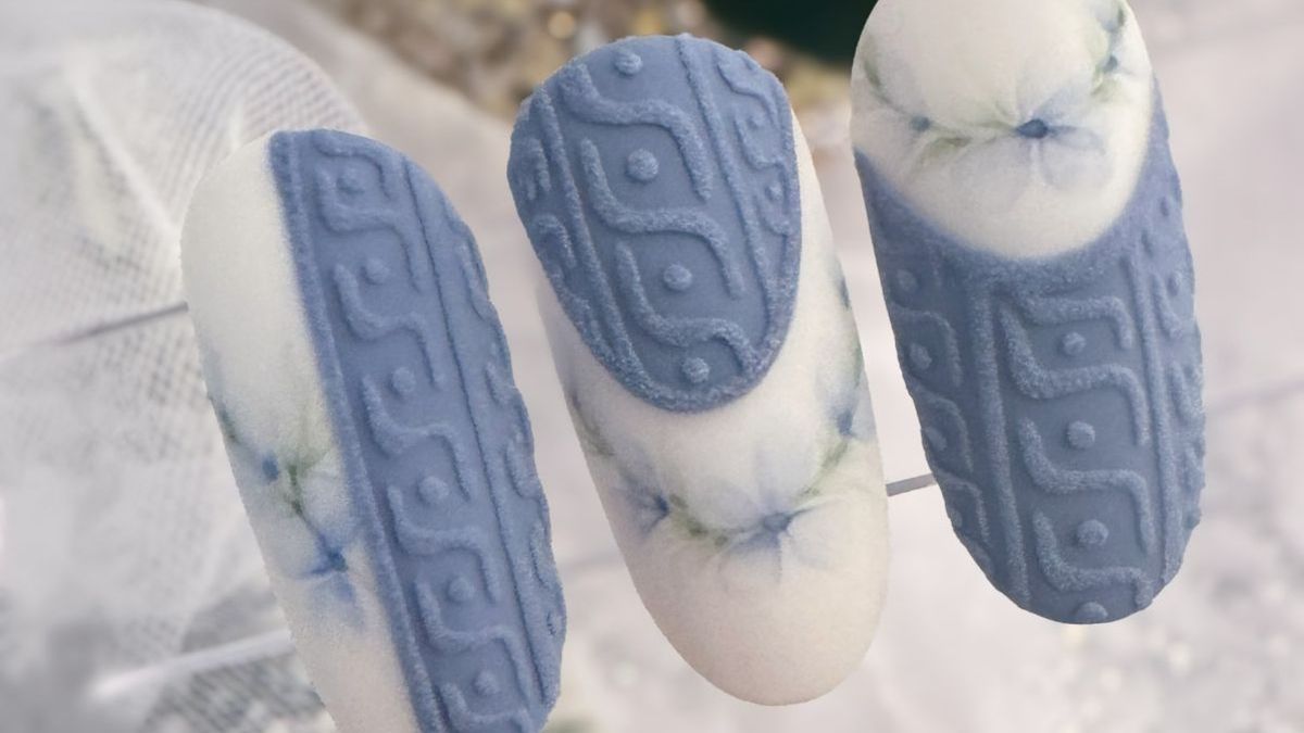 Téli aquarell virágok kötött pulcsimintával kék színben